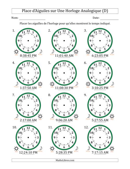 Place d'Aiguiles sur Une Horloge Analogique utilisant le système horaire sur 12 heures avec 5 Secondes d'Intervalle (12 Horloges) (D)