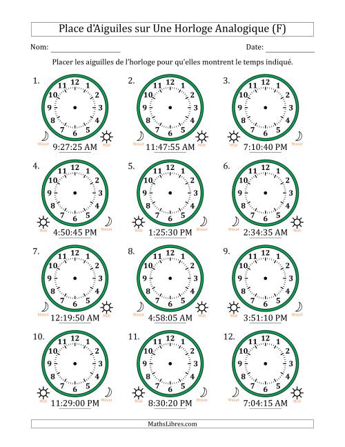 Place d'Aiguiles sur Une Horloge Analogique utilisant le système horaire sur 12 heures avec 5 Secondes d'Intervalle (12 Horloges) (F)