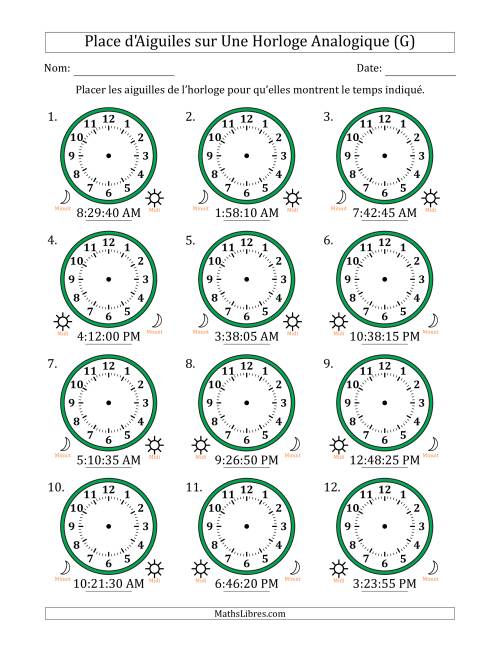 Place d'Aiguiles sur Une Horloge Analogique utilisant le système horaire sur 12 heures avec 5 Secondes d'Intervalle (12 Horloges) (G)