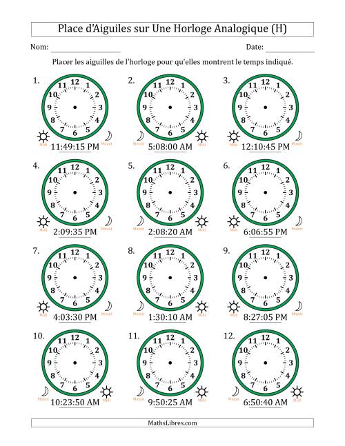 Place d'Aiguiles sur Une Horloge Analogique utilisant le système horaire sur 12 heures avec 5 Secondes d'Intervalle (12 Horloges) (H)