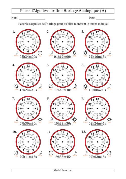 Place d'Aiguiles sur Une Horloge Analogique utilisant le système horaire sur 24 heures avec 15 Secondes d'Intervalle (12 Horloges) (A)