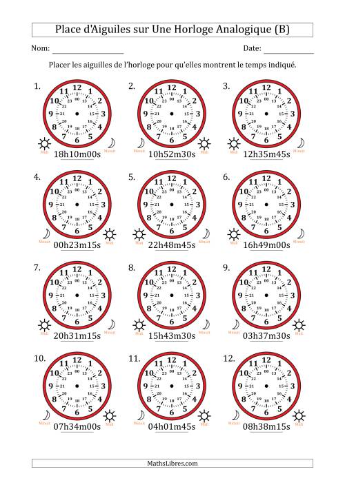 Place d'Aiguiles sur Une Horloge Analogique utilisant le système horaire sur 24 heures avec 15 Secondes d'Intervalle (12 Horloges) (B)