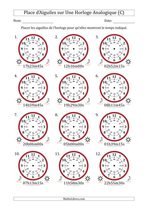 Place d'Aiguiles sur Une Horloge Analogique utilisant le système horaire sur 24 heures avec 15 Secondes d'Intervalle (12 Horloges) (C)