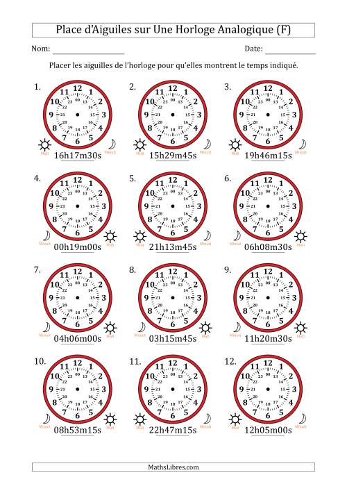 Place d'Aiguiles sur Une Horloge Analogique utilisant le système horaire sur 24 heures avec 15 Secondes d'Intervalle (12 Horloges) (F)