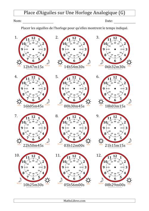 Place d'Aiguiles sur Une Horloge Analogique utilisant le système horaire sur 24 heures avec 15 Secondes d'Intervalle (12 Horloges) (G)