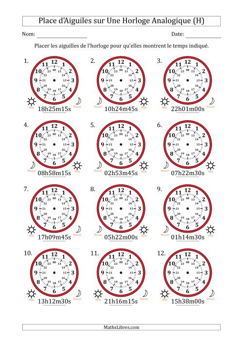 Place d'Aiguiles sur Une Horloge Analogique utilisant le système horaire sur 24 heures avec 15 Secondes d'Intervalle (12 Horloges) (H)