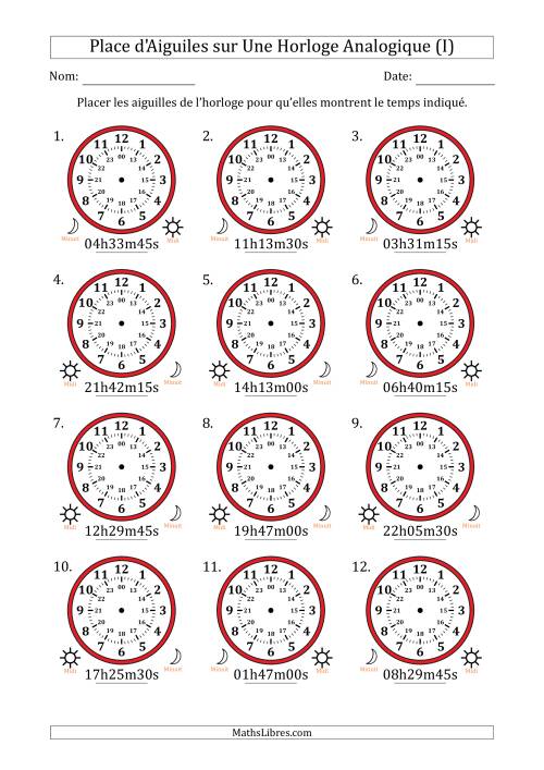 Place d'Aiguiles sur Une Horloge Analogique utilisant le système horaire sur 24 heures avec 15 Secondes d'Intervalle (12 Horloges) (I)