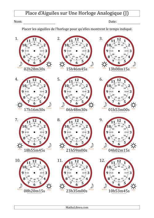 Place d'Aiguiles sur Une Horloge Analogique utilisant le système horaire sur 24 heures avec 15 Secondes d'Intervalle (12 Horloges) (J)