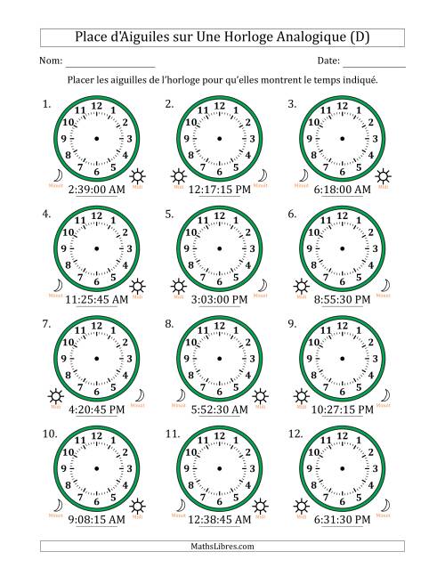 Place d'Aiguiles sur Une Horloge Analogique utilisant le système horaire sur 12 heures avec 15 Secondes d'Intervalle (12 Horloges) (D)
