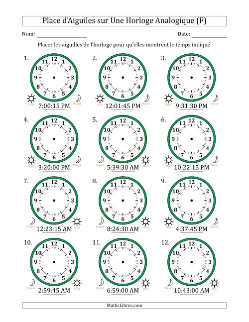 Place d'Aiguiles sur Une Horloge Analogique utilisant le système horaire sur 12 heures avec 15 Secondes d'Intervalle (12 Horloges) (F)