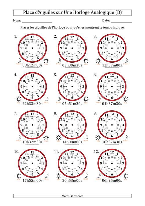 Place d'Aiguiles sur Une Horloge Analogique utilisant le système horaire sur 24 heures avec 30 Secondes d'Intervalle (12 Horloges) (B)