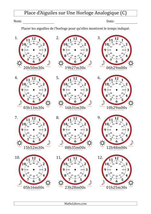 Place d'Aiguiles sur Une Horloge Analogique utilisant le système horaire sur 24 heures avec 30 Secondes d'Intervalle (12 Horloges) (C)