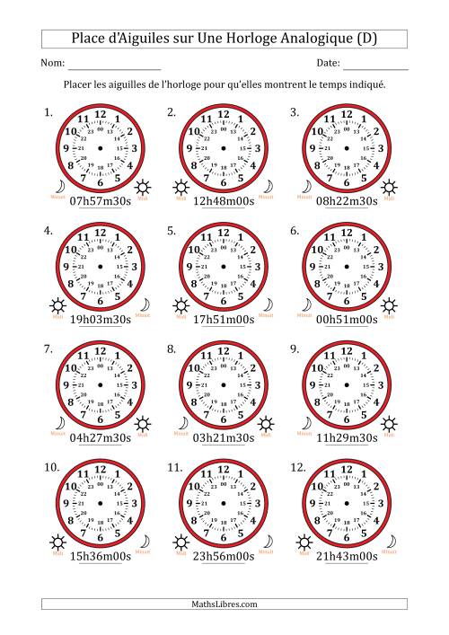 Place d'Aiguiles sur Une Horloge Analogique utilisant le système horaire sur 24 heures avec 30 Secondes d'Intervalle (12 Horloges) (D)