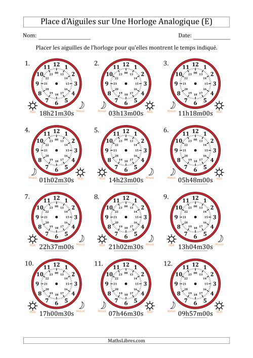Place d'Aiguiles sur Une Horloge Analogique utilisant le système horaire sur 24 heures avec 30 Secondes d'Intervalle (12 Horloges) (E)