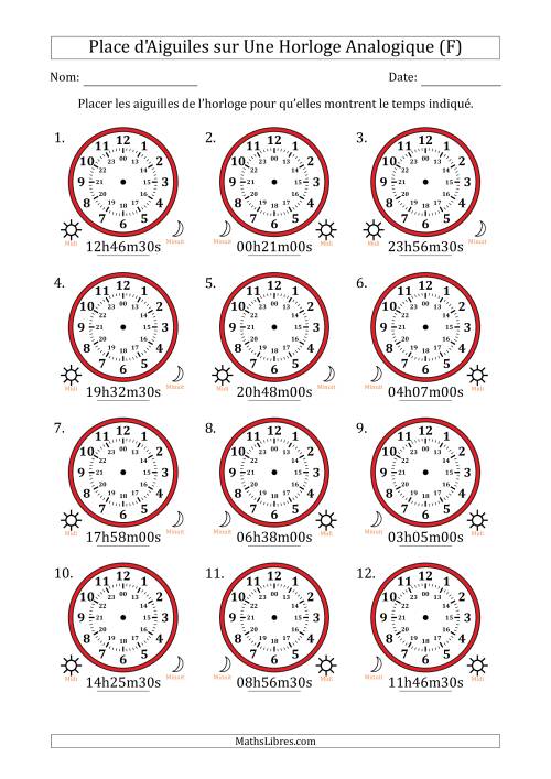 Place d'Aiguiles sur Une Horloge Analogique utilisant le système horaire sur 24 heures avec 30 Secondes d'Intervalle (12 Horloges) (F)