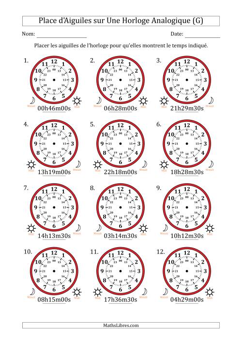 Place d'Aiguiles sur Une Horloge Analogique utilisant le système horaire sur 24 heures avec 30 Secondes d'Intervalle (12 Horloges) (G)
