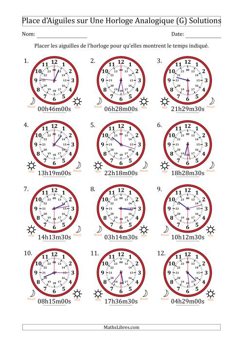 Place d'Aiguiles sur Une Horloge Analogique utilisant le système horaire sur 24 heures avec 30 Secondes d'Intervalle (12 Horloges) (G) page 2