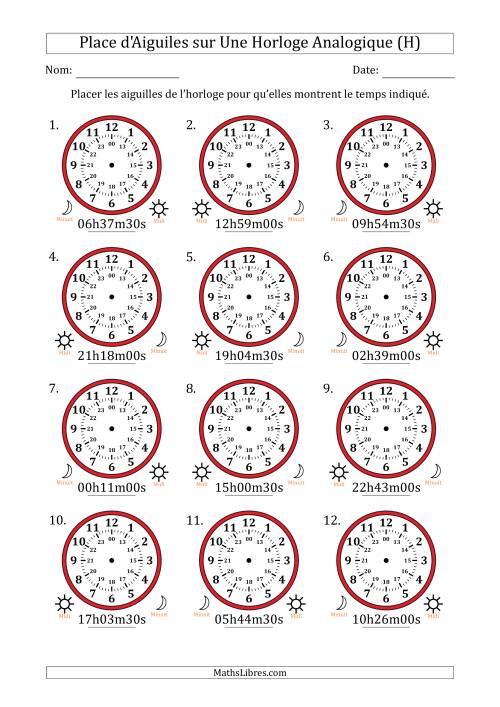 Place d'Aiguiles sur Une Horloge Analogique utilisant le système horaire sur 24 heures avec 30 Secondes d'Intervalle (12 Horloges) (H)