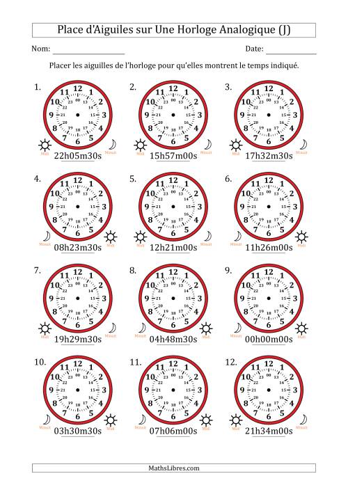 Place d'Aiguiles sur Une Horloge Analogique utilisant le système horaire sur 24 heures avec 30 Secondes d'Intervalle (12 Horloges) (J)