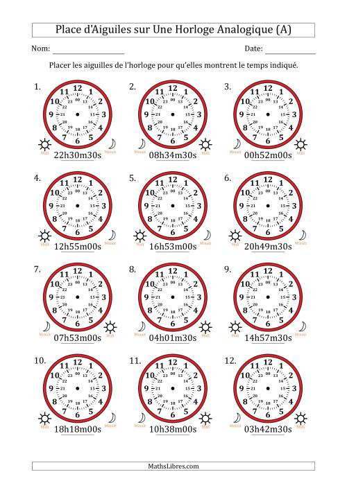 Place d'Aiguiles sur Une Horloge Analogique utilisant le système horaire sur 24 heures avec 30 Secondes d'Intervalle (12 Horloges) (Tout)