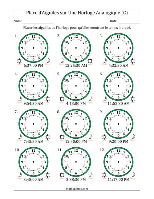 Place d'Aiguiles sur Une Horloge Analogique utilisant le système horaire sur 12 heures avec 30 Secondes d'Intervalle (12 Horloges) (C)