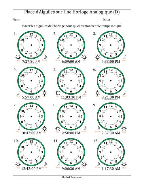 Place d'Aiguiles sur Une Horloge Analogique utilisant le système horaire sur 12 heures avec 30 Secondes d'Intervalle (12 Horloges) (D)