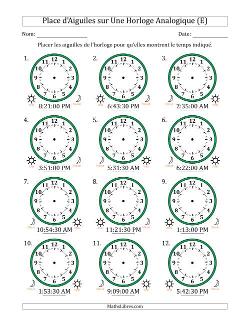 Place d'Aiguiles sur Une Horloge Analogique utilisant le système horaire sur 12 heures avec 30 Secondes d'Intervalle (12 Horloges) (E)