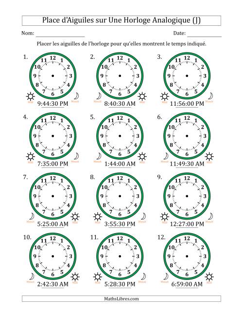 Place d'Aiguiles sur Une Horloge Analogique utilisant le système horaire sur 12 heures avec 30 Secondes d'Intervalle (12 Horloges) (J)