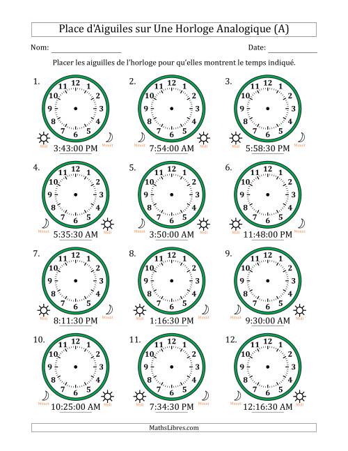 Place d'Aiguiles sur Une Horloge Analogique utilisant le système horaire sur 12 heures avec 30 Secondes d'Intervalle (12 Horloges) (Tout)