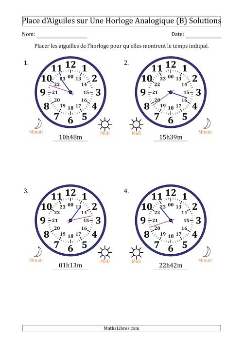 Place d'Aiguiles sur Une Horloge Analogique utilisant le système horaire sur 24 heures avec 1 Minutes d'Intervalle (4 Horloges) (B) page 2