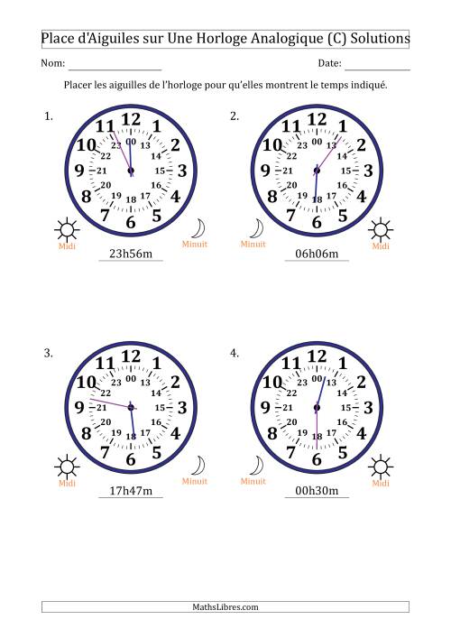 Place d'Aiguiles sur Une Horloge Analogique utilisant le système horaire sur 24 heures avec 1 Minutes d'Intervalle (4 Horloges) (C) page 2