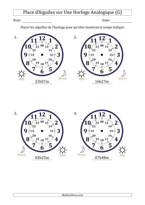 Place d'Aiguiles sur Une Horloge Analogique utilisant le système horaire sur 24 heures avec 1 Minutes d'Intervalle (4 Horloges) (G)