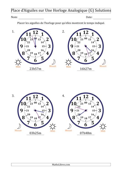 Place d'Aiguiles sur Une Horloge Analogique utilisant le système horaire sur 24 heures avec 1 Minutes d'Intervalle (4 Horloges) (G) page 2