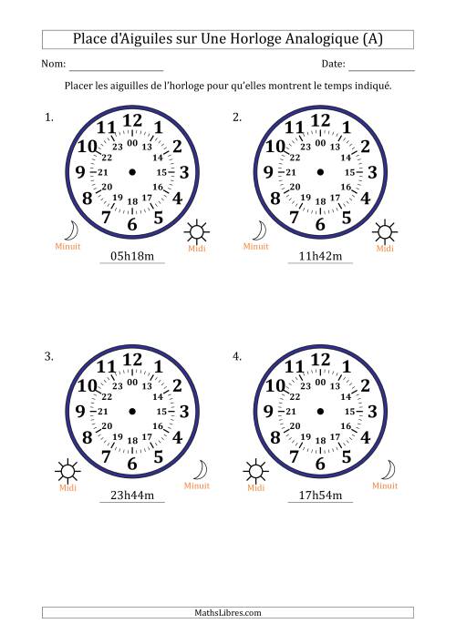 Place d'Aiguiles sur Une Horloge Analogique utilisant le système horaire sur 24 heures avec 1 Minutes d'Intervalle (4 Horloges) (Tout)