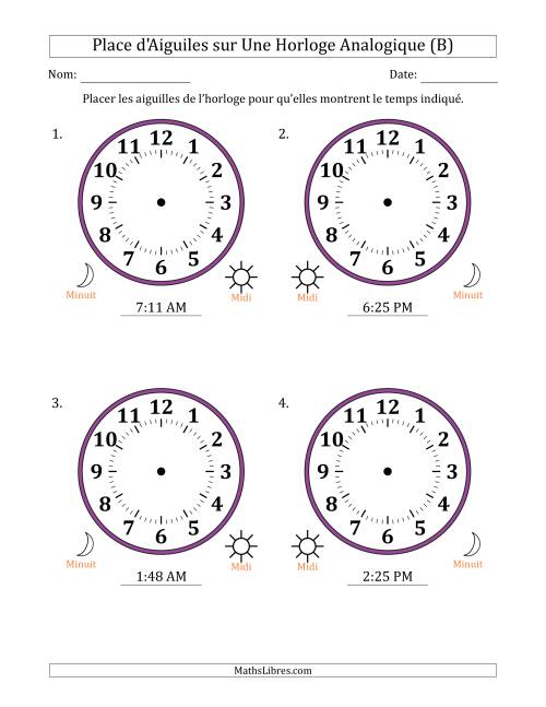 Place d'Aiguiles sur Une Horloge Analogique utilisant le système horaire sur 12 heures avec 1 Minutes d'Intervalle (4 Horloges) (B)
