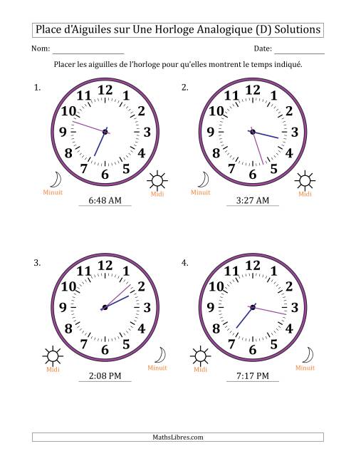 Place d'Aiguiles sur Une Horloge Analogique utilisant le système horaire sur 12 heures avec 1 Minutes d'Intervalle (4 Horloges) (D) page 2