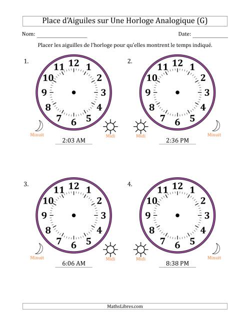 Place d'Aiguiles sur Une Horloge Analogique utilisant le système horaire sur 12 heures avec 1 Minutes d'Intervalle (4 Horloges) (G)