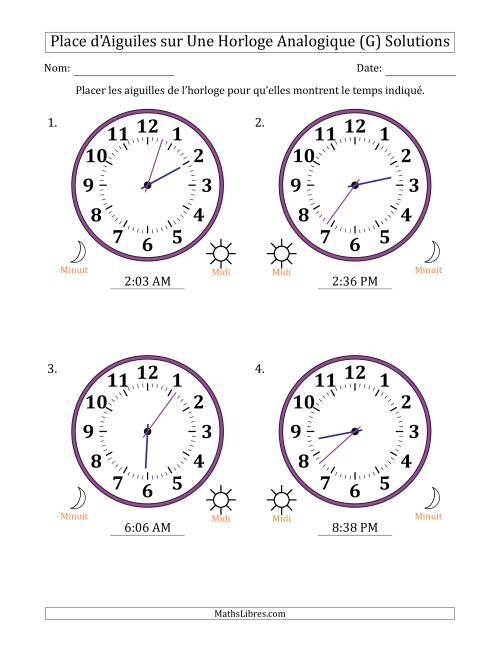 Place d'Aiguiles sur Une Horloge Analogique utilisant le système horaire sur 12 heures avec 1 Minutes d'Intervalle (4 Horloges) (G) page 2
