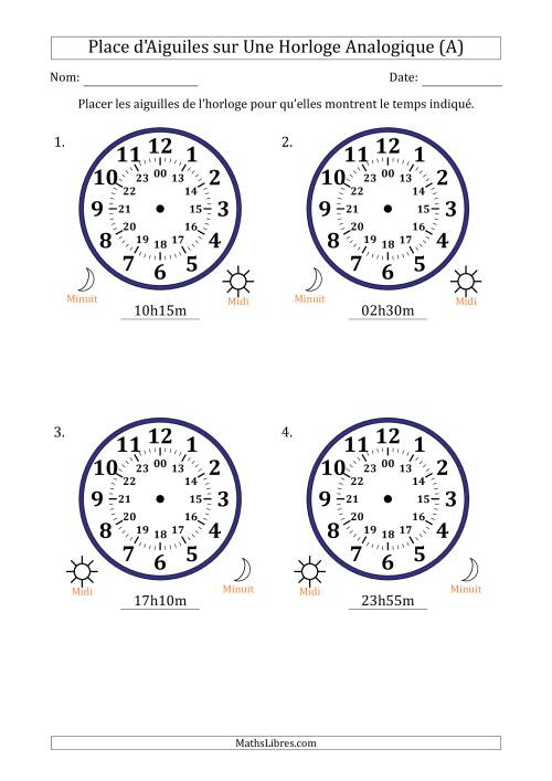 Place d'Aiguiles sur Une Horloge Analogique utilisant le système horaire sur 24 heures avec 5 Minutes d'Intervalle (4 Horloges) (A)