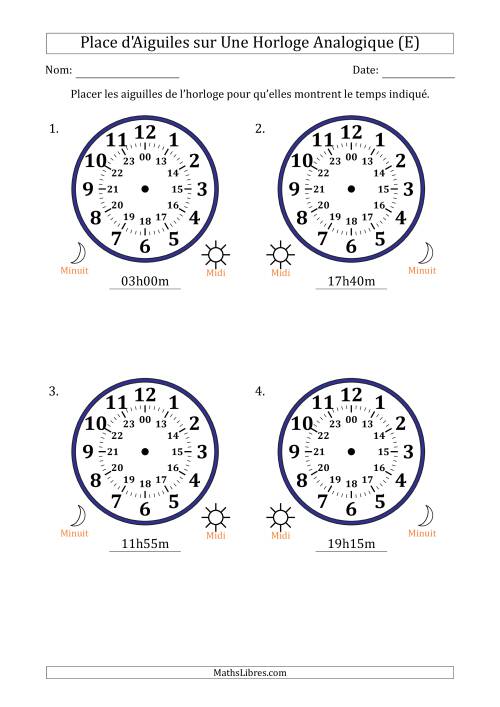 Place d'Aiguiles sur Une Horloge Analogique utilisant le système horaire sur 24 heures avec 5 Minutes d'Intervalle (4 Horloges) (E)