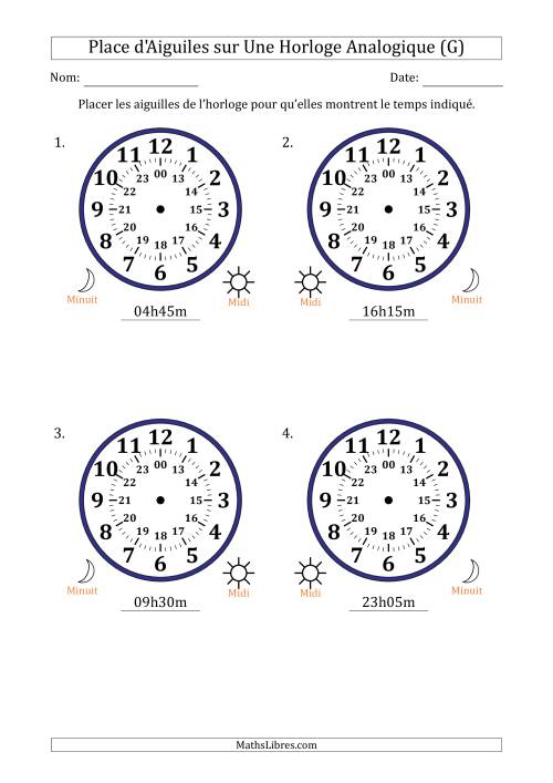 Place d'Aiguiles sur Une Horloge Analogique utilisant le système horaire sur 24 heures avec 5 Minutes d'Intervalle (4 Horloges) (G)