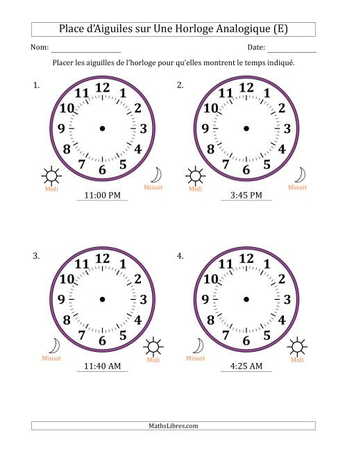 Place d'Aiguiles sur Une Horloge Analogique utilisant le système horaire sur 12 heures avec 5 Minutes d'Intervalle (4 Horloges) (E)