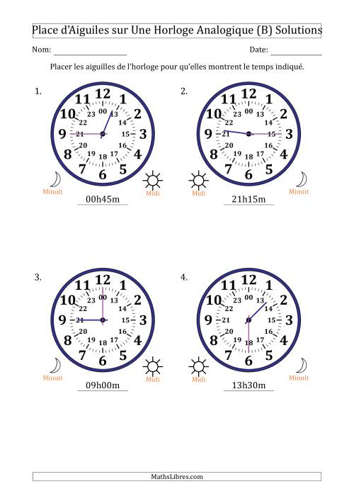 Place d'Aiguiles sur Une Horloge Analogique utilisant le système horaire sur 24 heures avec 15 Minutes d'Intervalle (4 Horloges) (B) page 2