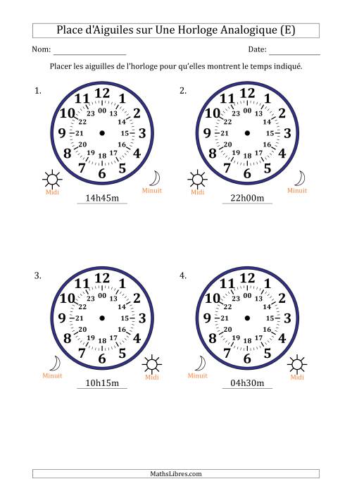 Place d'Aiguiles sur Une Horloge Analogique utilisant le système horaire sur 24 heures avec 15 Minutes d'Intervalle (4 Horloges) (E)
