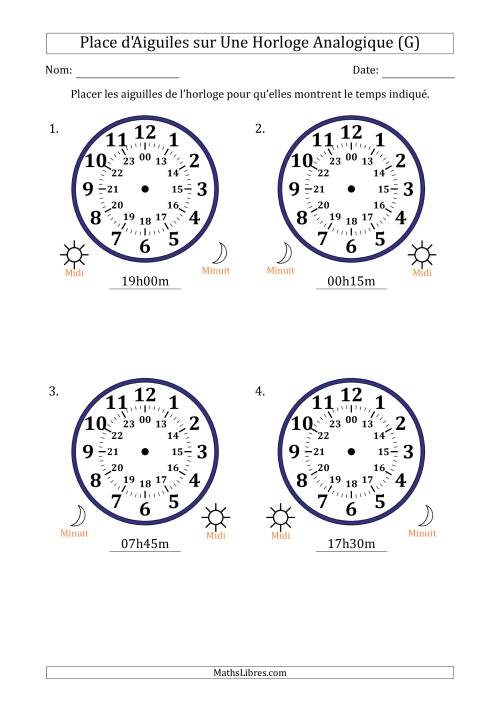 Place d'Aiguiles sur Une Horloge Analogique utilisant le système horaire sur 24 heures avec 15 Minutes d'Intervalle (4 Horloges) (G)