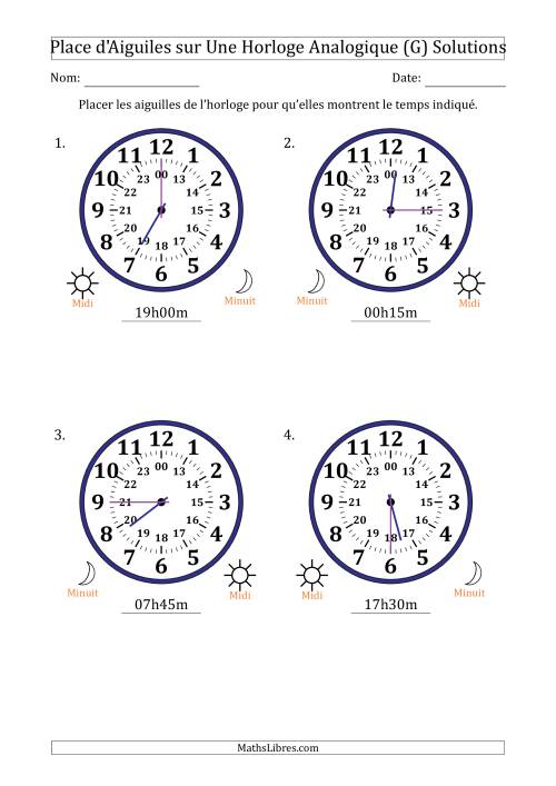 Place d'Aiguiles sur Une Horloge Analogique utilisant le système horaire sur 24 heures avec 15 Minutes d'Intervalle (4 Horloges) (G) page 2