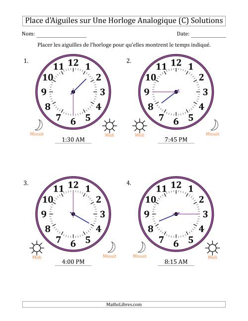 Place d'Aiguiles sur Une Horloge Analogique utilisant le système horaire sur 12 heures avec 15 Minutes d'Intervalle (4 Horloges) (C) page 2