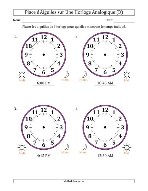 Place d'Aiguiles sur Une Horloge Analogique utilisant le système horaire sur 12 heures avec 15 Minutes d'Intervalle (4 Horloges) (D)