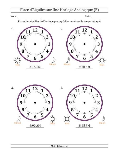 Place d'Aiguiles sur Une Horloge Analogique utilisant le système horaire sur 12 heures avec 15 Minutes d'Intervalle (4 Horloges) (E)