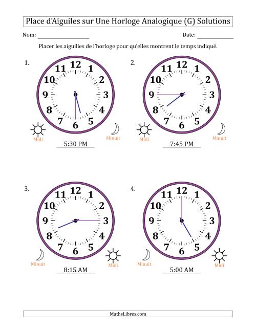 Place d'Aiguiles sur Une Horloge Analogique utilisant le système horaire sur 12 heures avec 15 Minutes d'Intervalle (4 Horloges) (G) page 2